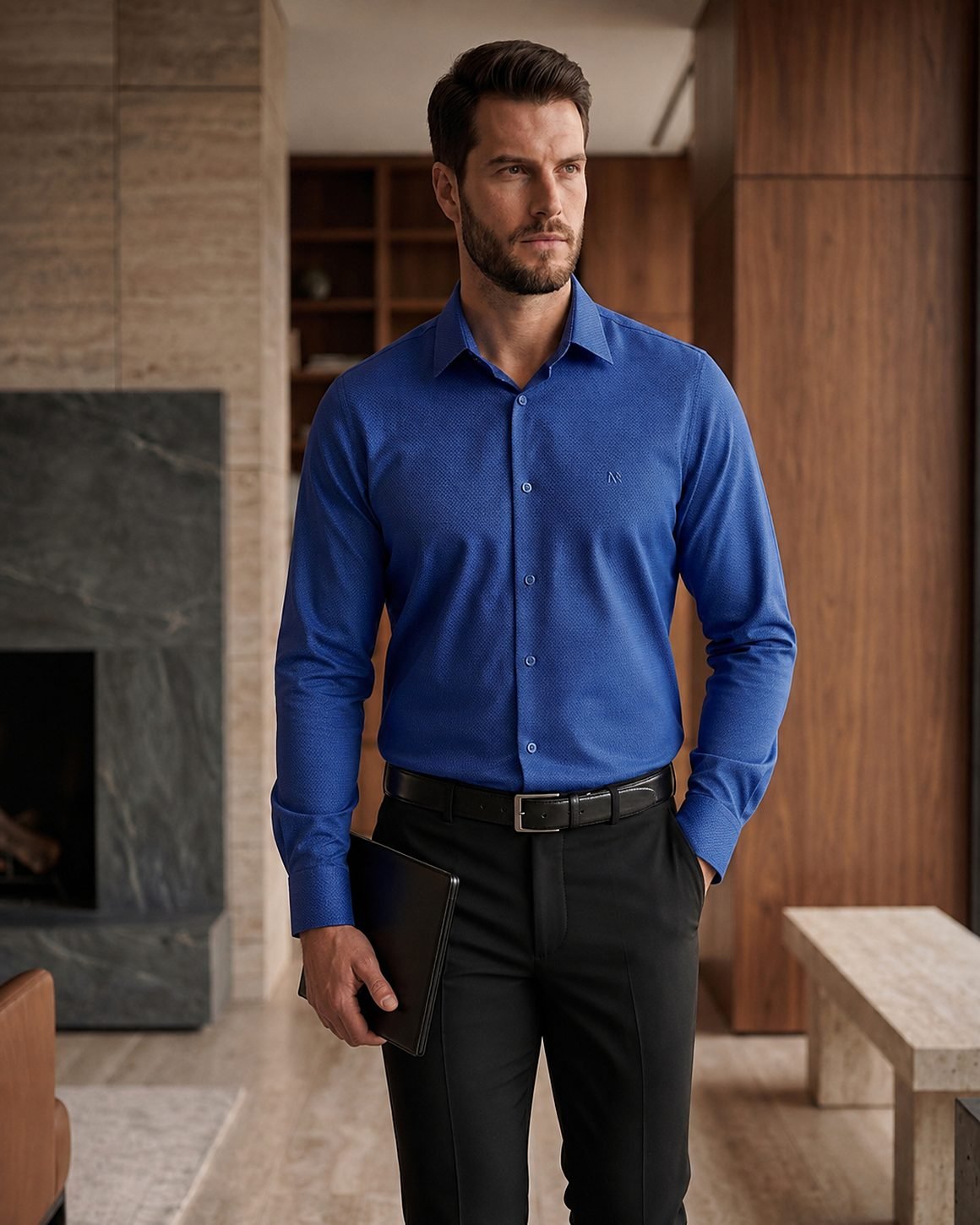 Homem de camisa azul de trama jacquard e calça escura, em ambiente interno de madeira